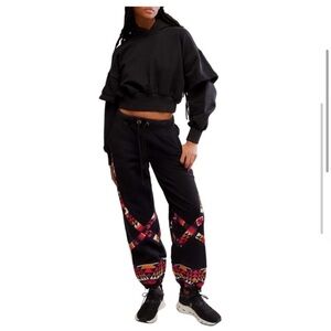 Free People Black Joggers and cropped hoodie sz small with Vibrant Red Accents